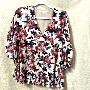 Altar'd State Winter Floral Bell Sleeve Ruffle Hem Rose Flowy Oversized Blouse